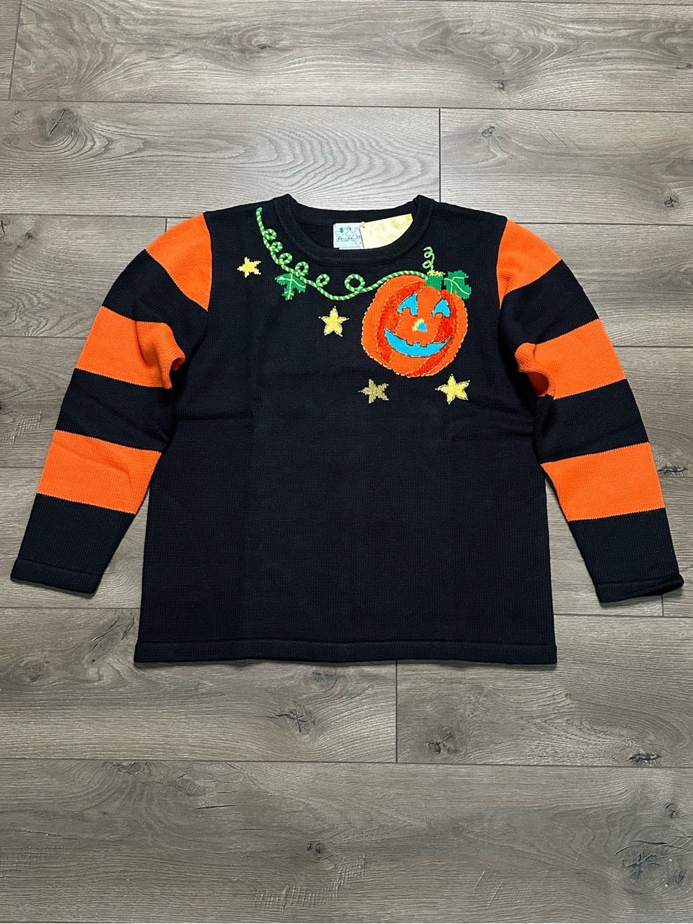 The Quaker Factory Embroidered Fall Pumpkin Halloween Sweater Orange Black Large